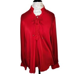 Chicos Ruffle Tie Neck Pullover Satin Blouse Red Womens 3 XL Peasant Ren Fair